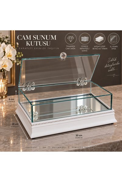 AYZ HOME Beyaz 30x20x6 cm Gümüş Menteşeli Kapaklı Söz Nişan Sunum ve Çikolata...