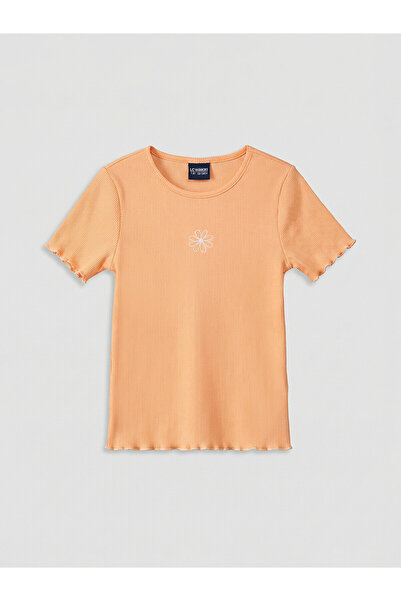 LC Waikiki Two Mt Shop Quality Coral Oval Collar Embroidered Girls' T-Shirt