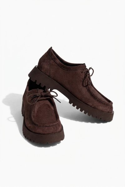 guijarro Premium Genuine Suede Brown Serrated Platform Sole Lace-Up Women's Loafer / Moc Shoes ⁠