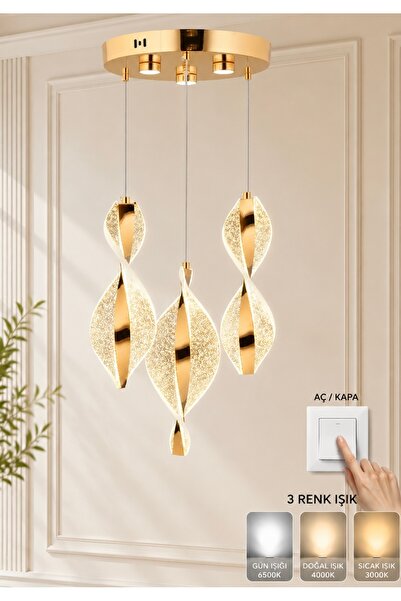 Mon Chevalon Power Led 3’lü Sarkıt Avize 3 Renk Modern Ledli Avize Gold Sarı