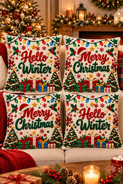Yılbaşı Temalı Merry Christmas ve Hello Winter 3D 4'lü Dijital Baskılı Hediyelik Kırlent Kılıfı Seti
