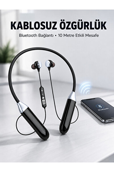 Mikrofonlu Boyun Bantlı Bluetooth Kulaklık Kablosuz Bağlantılı Ses ve Müzik Kontrollü Kulak İçi Kula