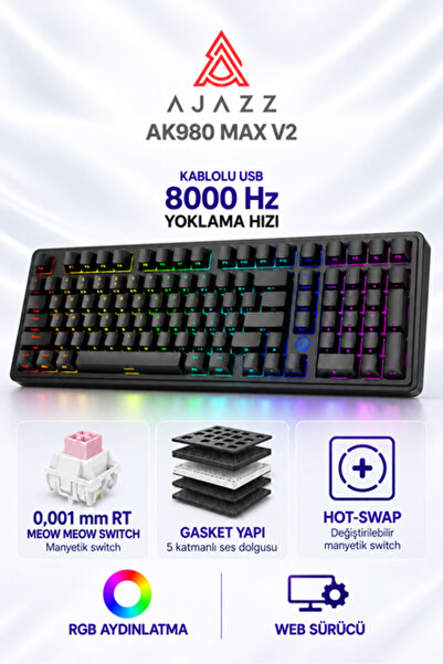 AK980 MAX V2 8000 Hz Manyetik RGB Oyuncu Klavyesi Siyah Meow Meow