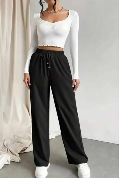 DRN TEKSTİL Women's Transitional Wide-Leg High-Waist Black Sweatpants