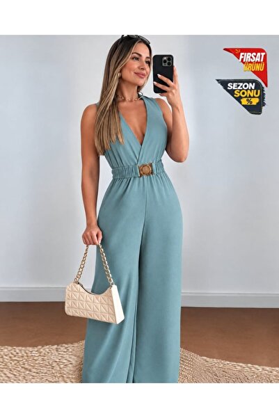 bysocafashion جمبسوت نسائي طويل من الكريب المستورد بياقة مزدوجة وحزام عند الخصر