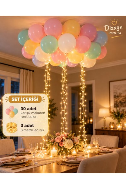 Dizayn Parti Evi 30 Adet Makaron Renk Balon + 3 Adet 3 Metre LED Işık Tavan S...