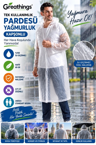 Greathings Şeffaf 60 Gr Tek Kullanımlık Pardesü Yağmurluk Kapüşonlu Çıtçıt Dü...