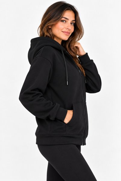 silver&fashion Women's 3 Thread Zippered Hooded Kangaroo Pocket Oversize Sweatshirt Black Compact Fabric
