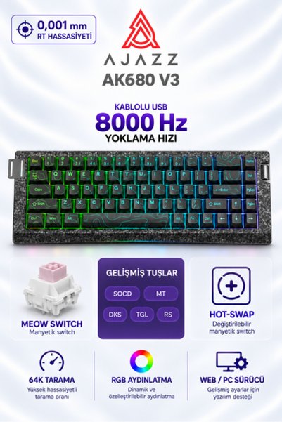 Ajazz AK680 V3 8000 Hz Manyetik RGB Oyuncu Klavyesi Siyah Contour Meow Meow
