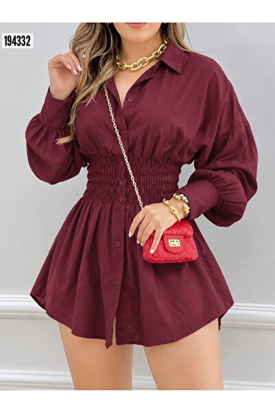 Kokosh moda Women's Long Sleeve Collared Tricot Blouse with Elastic Waist