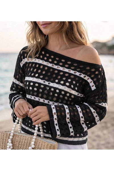 AHENZA COLLECTION kadın siyah beyaz çizgili ajurlu kayık yaka crop triko bluz