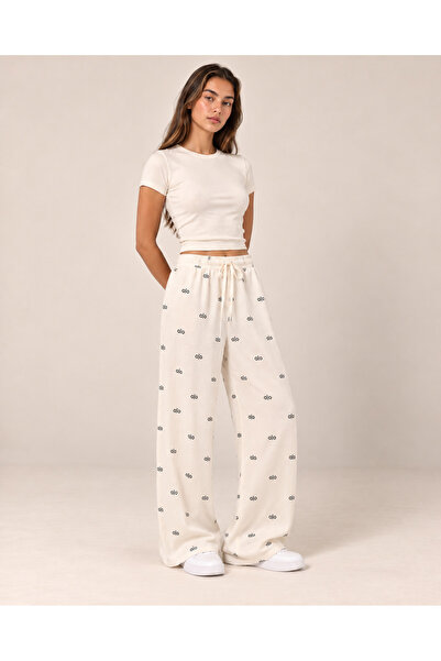TOP CLOTHE بنطال نسائي واسع مطبوع بخصر مطاطي ورباط