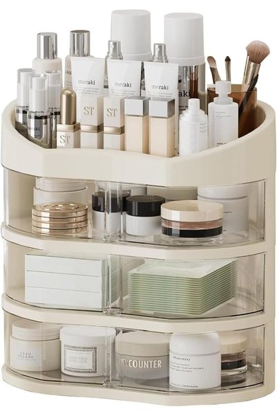 ALMEKAQUZ Makeup Organizer for Vanity,3-Tier Box and Top Storage Tray,Counter...