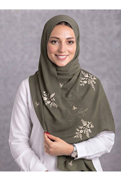 Veil Designer طرحه بوال زيتي قماش ياباني طبقتين بتطريز علي كامل الطرحه لاستخد...