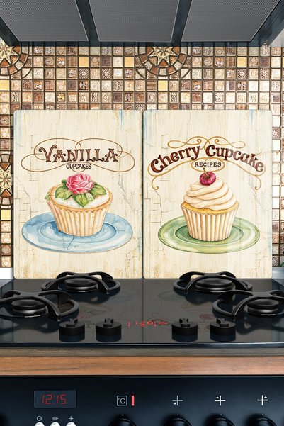 reflexa Ocak Arkası Cam Koruyucu – Cupcake Desen Isıya Dayanıklı Dekoratif Ca...