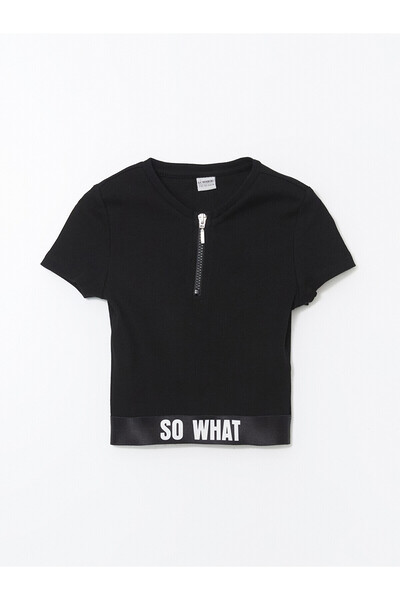 LC Waikiki Two Mt Shop Quality Lcw Kids Black Oval Collar Girls' T-Shirt
