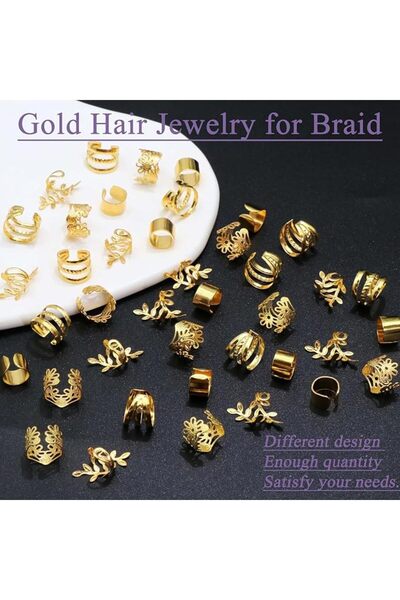YRQX 40PCS Gold Hair Jewelry for Braids, Multi Style Hair Cuffs Adjustable Braid Jewelry Non-Piercing Ear