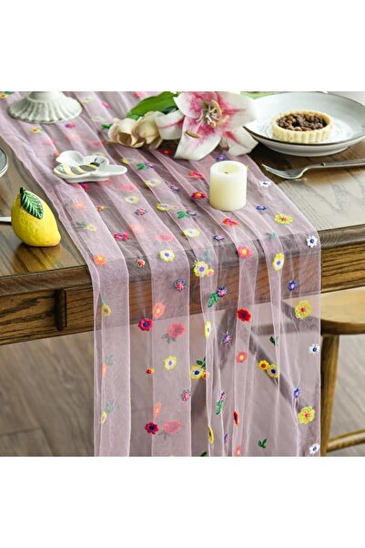 Artoid Mode مفرش طاولة من الشاش المطرز بالزهور الوردية مقاس 25×120 بوصة