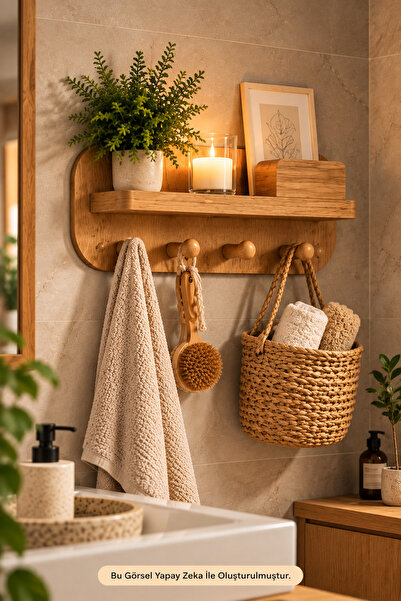 32 cm Ahşap Duvar Rafı Askılık Banyo Mutfak Havluluk Dekoratif Çok Amaçlı Düzenleyici Ahşap Askılı