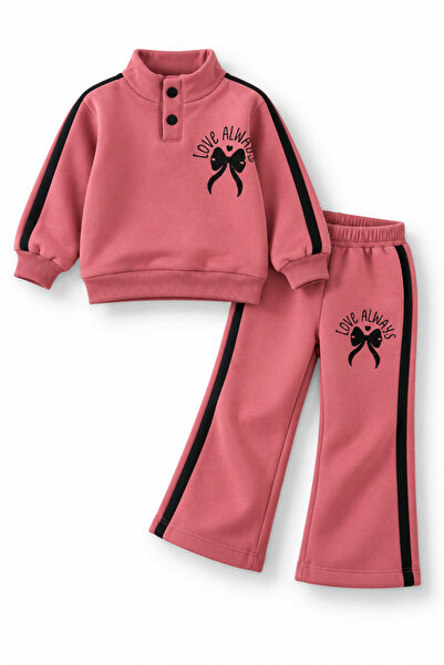 Kız Çocuk 2’li Eşofman Takımı Love Always Baskılı Dik Yaka Sweatshirt ve İspanyol Paça Pantolon 2-3-4-5 Yaş