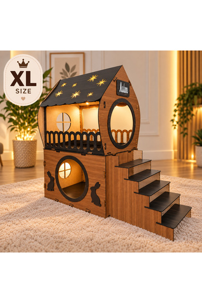 seventeen design XL Ahşap Tavşan Evi 2 Katlı Merdivenli İç Mekan Tavşan Yuvas...