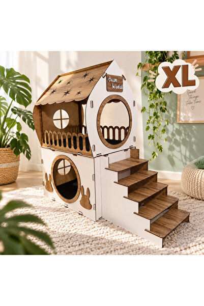 seventeen design XL Ahşap Tavşan Evi 2 Katlı Merdivenli İç Mekan Tavşan Yuvas...