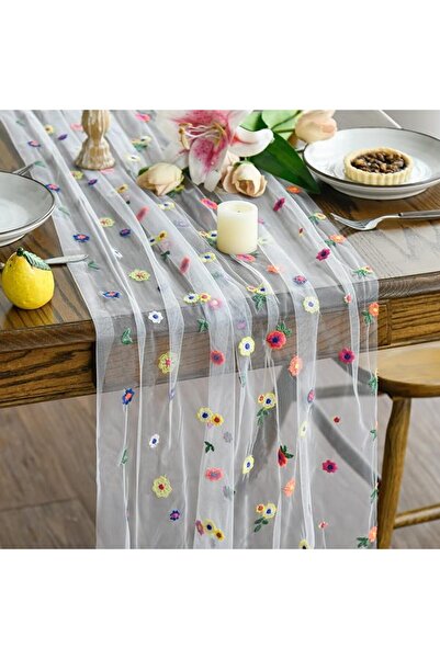 Artoid Mode مفرش طاولة من الشاش الأخضر المزين بتطريز الزهور مقاس 25×120 بوصة