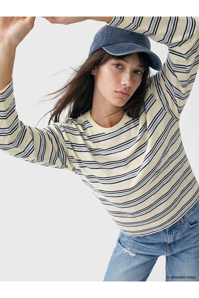 LC Waikiki XSIDE Sarı Çizgili Oversize %100 Pamuklu Kadın Tişört
