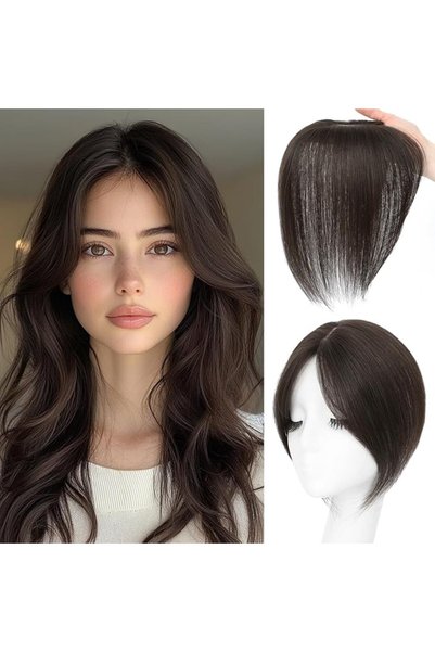 Generic قطعة شعر صناعية للنساء مع غرة جانبية، شعر بشري بني داكن، طول 9 بوصات،...