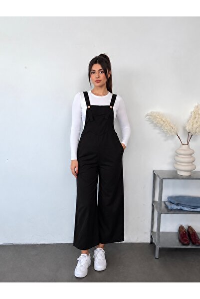 LB Laluna Butik Women's Gabardine Gardener Overalls with Pockets and Straps