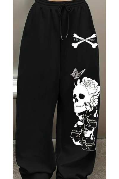 classy moda Υπερμεγέθης Αστικό Στυλ με 3 Κλωστές, Εμπριμέ με Φαρδιά Μπατζάκια
