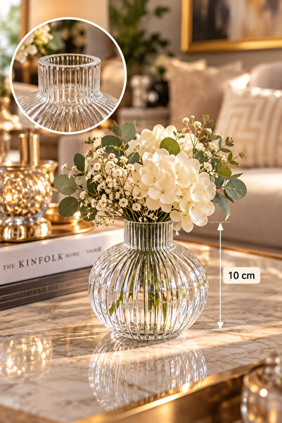 Emsay Store 10 cm Çizgili Şeffaf Cam Vazo – Dekoratif Mini Çiçek Vazosu – Mod...