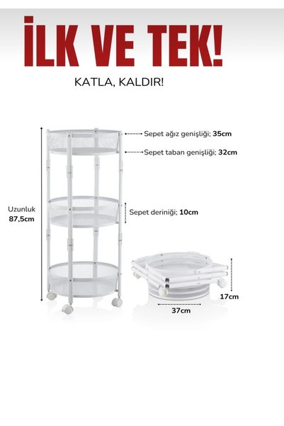 tacev Taç Cornella 3 Katlı Metal Beyaz Tekerlekli Sepet Çok Amaçlı Organizer
