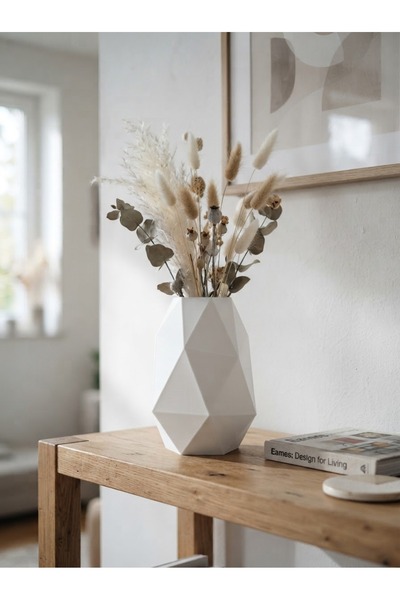 echer studio Prizma Kesit Vazo - Mat Beyaz - 3D Baskı Minimalist Dekoratif Vazo