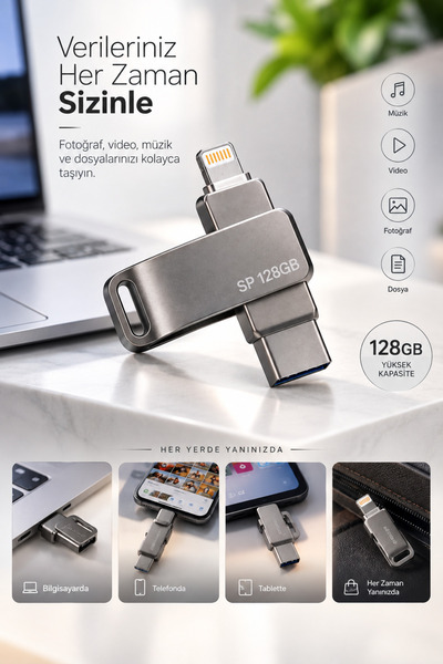 ilyas kayhan Kompakt Tasarımlı 128GB Çok Amaçlı USB Flash Bellek Lightning Type C Girişli Taşınabilir Depolama