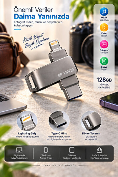 ilyas kayhan Lightning Type C Destekli 128GB Taşınabilir USB Flash Bellek Fotoğraf Video ve Dosya Aktarımı