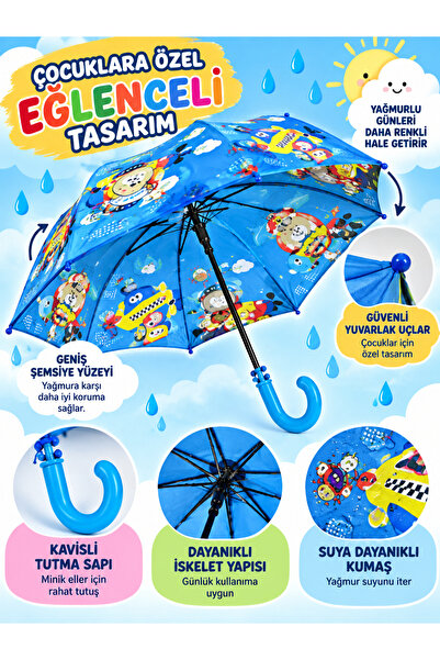 Janissary Bardaklı Mavi Erkek Çocuk Şemsiyesi Renkli Desenli Kavisli Saplı Ko...