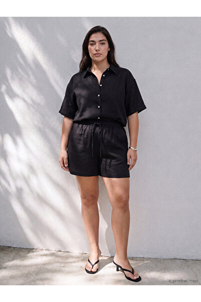 LC Waikiki Two Mt Shop Quality Lcw Petite Black Elastic Waist Linen Blend Wom...