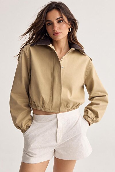 Top Step Beige Collared Detailed Regular Coat