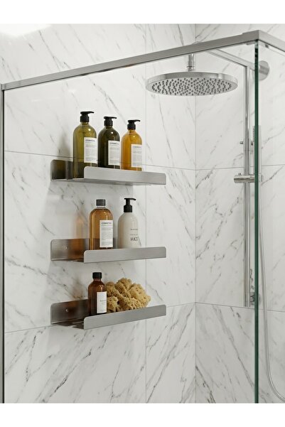 Eyzo Home Yapışkanlı / Vidalı Banyo Mutfak Rafı 3'lü Set - Su Tahliyeli ve Li...