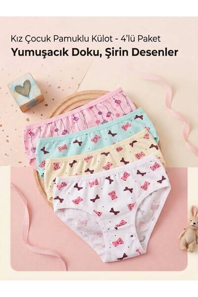 Kız Çocuk Pamuklu Külot - 4’lü Paket Yumuşacık Doku, Şirin Desenler!