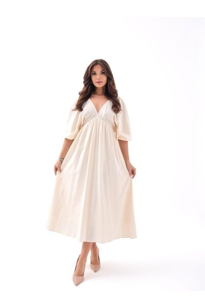 bysocafashion فستان نسائي بيج بياقة على شكل V وأكمام بالون وحزام مطاطي من الك...