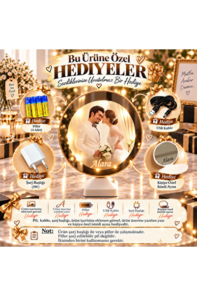 PrestijBM Kişiye Özel İsimli Fotoğraflı LED Sihirli Ayna Makyaj Aynası Gece L...