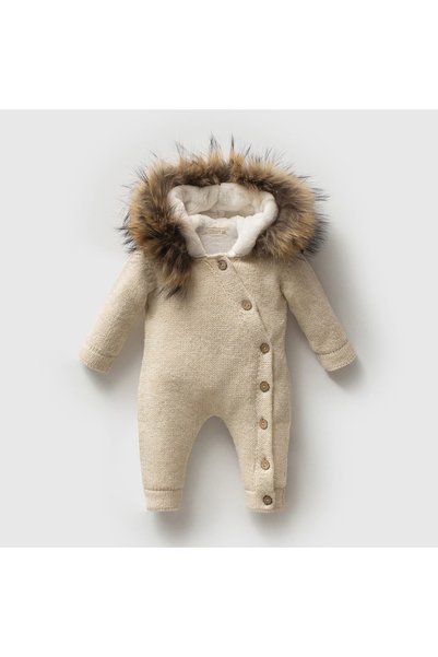 STRAWBABY Nipperland Hooded Fur Detailed Plush Inside Baby Knitwear Jumpsuit ...