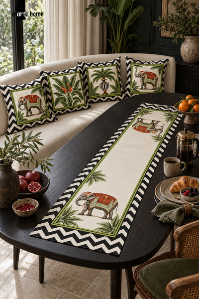 Marte Home JUNGLE - RENKLİ DİJİTAL BASKILI RUNNER VE 4'LÜ KIRLENT KILIFI SETİ