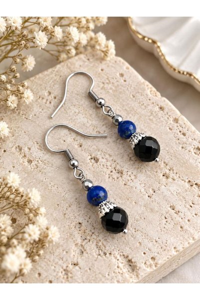 Home Black Agate and Lapis Lazuli Stone Steel Dangle Earrings