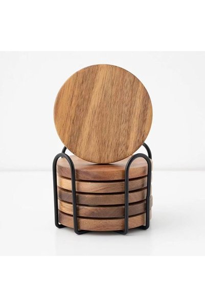 GENERAL Arabest Natural Wood Coasters with Holder, Round Drinks Coasters for ...