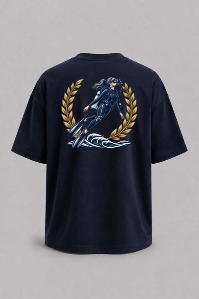Bahriyeli Collection Oversize Two Star Diver Pocket and Back Printed Unisex T-Shirt