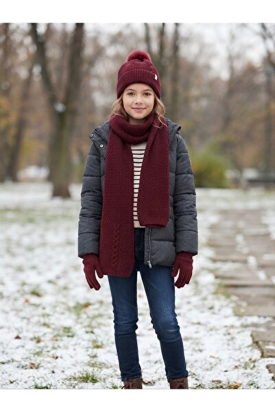 Kitti 9-15 Yaş Kız Çocuk Polarlı Ponponlu Atkı Bere Eldiven-Bordo