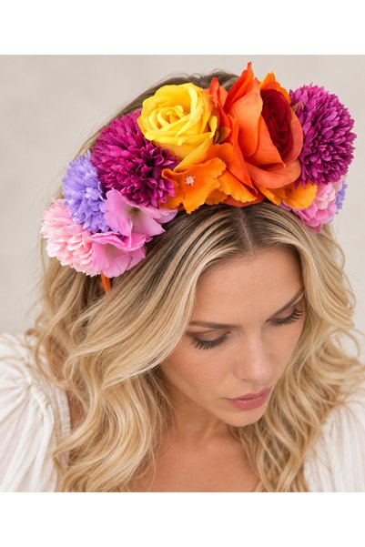 Bukiro Floral Crown Yellow Orange Red Burgundy Fuchsia Pink Purple Lilac Colorful Large Volume Rose and Flower Detailed Women's Hair Crown Festival Wedding Engagement Party Accessory